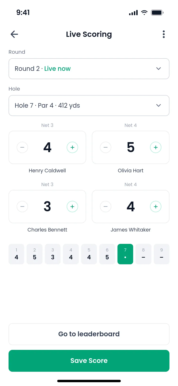 Live scoring for a four-player group on hole 7