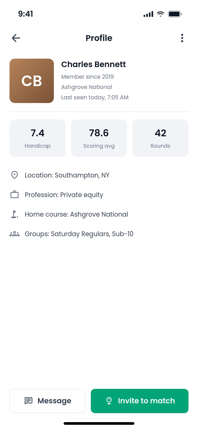 Member profile with handicap, scoring average and rounds played