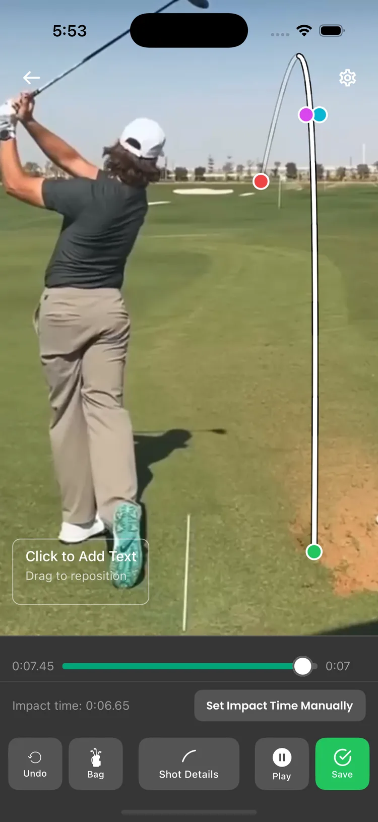Shot tracer drawing the ball flight over a swing video, with impact time and save controls