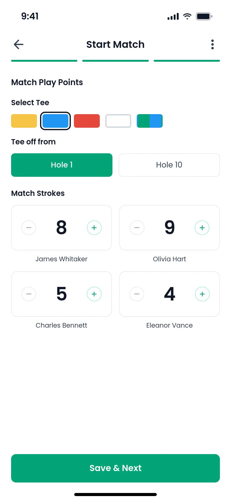 Match setup: tee selection, tee off from hole 1 or 10, and handicap strokes per player
