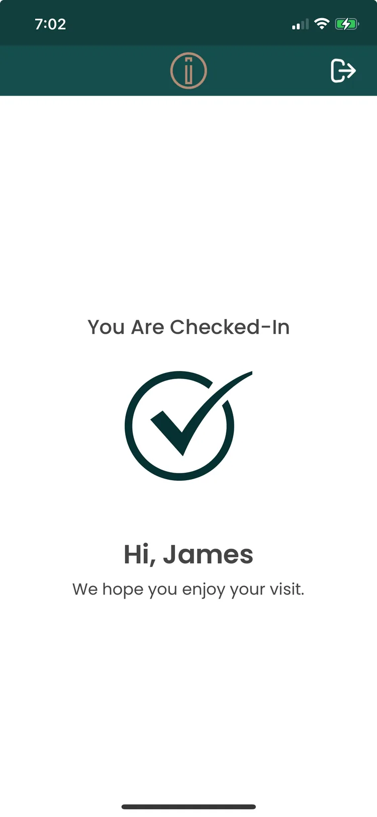 Checked-in confirmation greeting the member by name