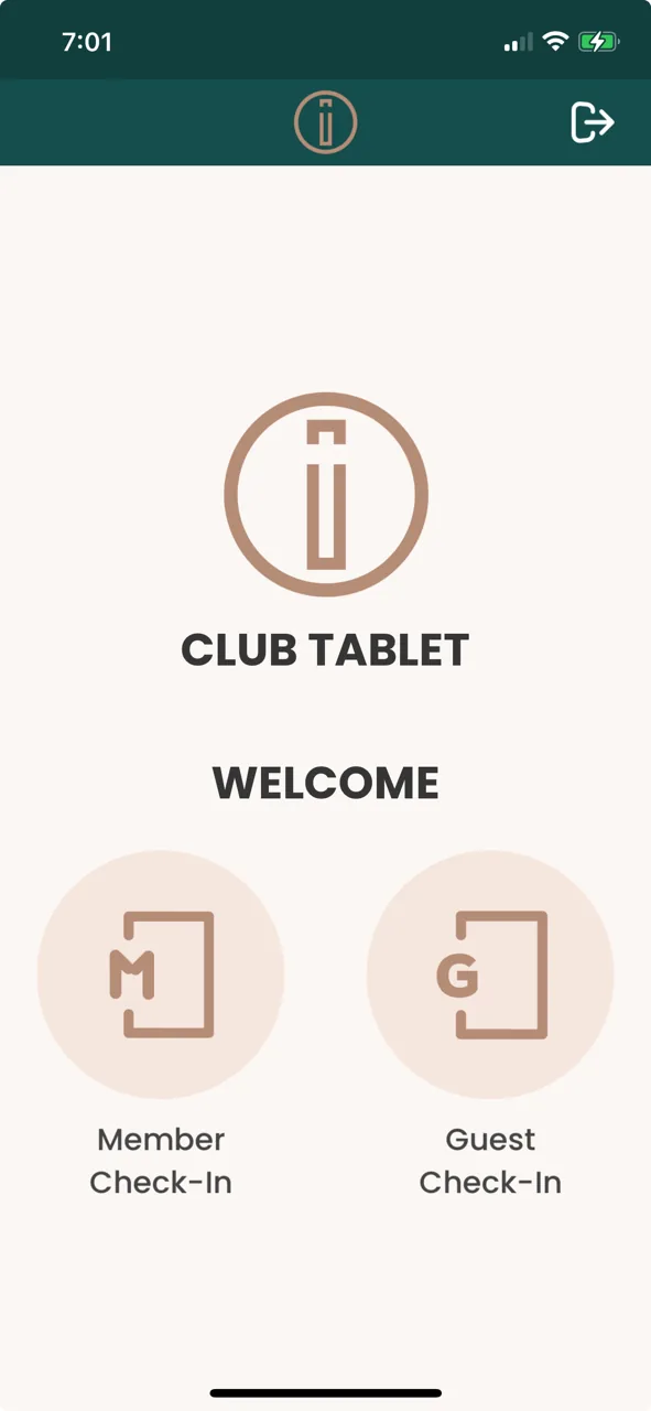 Club tablet welcome screen with Member Check-In and Guest Check-In